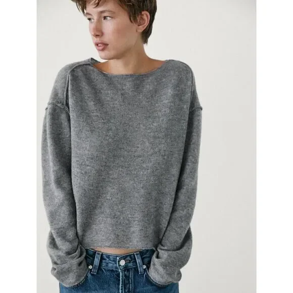 Massimo Dutti Women Sweater M Medium Knit Gray Crop shoulder seams 5727/621 NWT - Picture 1 of 7